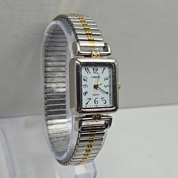 Womens Carriage by Timex Tank Watch Silver Gold Two Tone Stretch New Battery - Picture 3 of 10